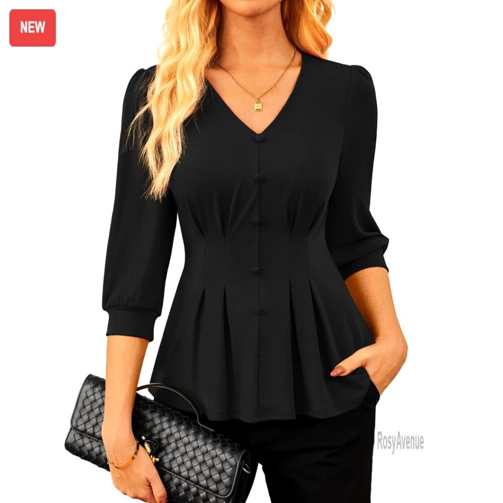3/4 Sleeve Peplum Blouse, V-Neck Office Top, Polyester Stretch Fabric